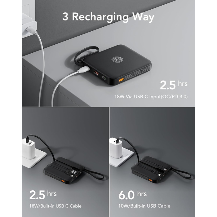 Із кабелем 10000 мАг. Маленький USB-C Power Bank. Швидка зарядка. 22,5 Вт. Міні-портативний зарядний пристрій. Зовнішній акумулятор. Маленький, але потужний акумулятор.