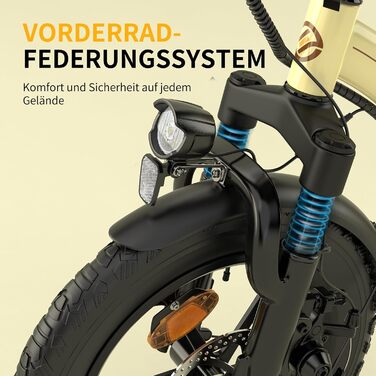 Складаний електровелосипед ESKUTE D100 16 x 2,5 дюйма, електричний велосипед для чоловіків та жінок, фетбайк зі знімним акумулятором 36 В 13 Аг, великий запас ходу до 100 км, складний педальний велосипед для дорослих, світло-жовтий, стандартний