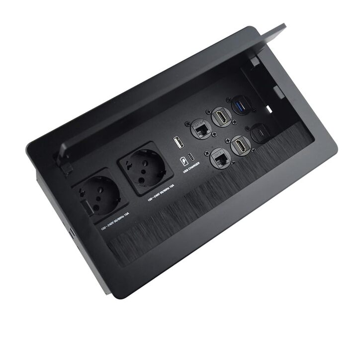 Вбудована настінна розетка для конференц-залу, столу, мультимедійна розетка, срібляста - 2 шт. Schuko - 2 шт. CAT6 - 2 шт. HDMI - USB 3.0 - стерео - USB-C для передачі даних (чорна)