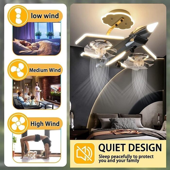 Тихий вентилятор лампа мультфільм літак стельові вентилятори з легким вертольотом модель світлодіодна регульована 6 швидкість вітр