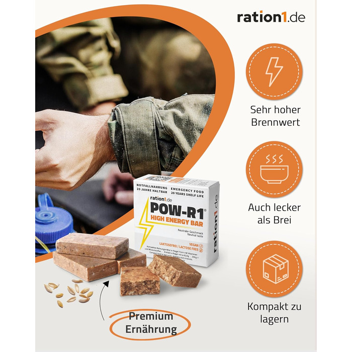 Енергетичні батончики ration1, тривалого зберігання, батончики для виживання, перекуси для велоспорту та походів, термін придатності 20 років, веганські та без лактози, POW-R1 High Energy Bar 10 шт. , 10 енергетичних батончиків x 250 г, 4 шт. и (10 шт. )