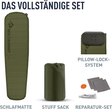 Самонадувальний килимок для сну Camp Plus, великий - Товстий та теплий килимок для сну - Ремкомплект та система блокування подушки - 4 сезони - Кемпінг - 198 x 64 см - Зелений - 1185 г, велика мумія