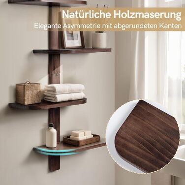Настінна полиця Afily Vintage Wooden Wall Shelf, 4 рівні вертикальна плаваюча полиця коричневого кольору із закругленими кутами, компактна підвісна полиця з масиву дерева, настінний декор для ванної кімнати, кухні, вітальні