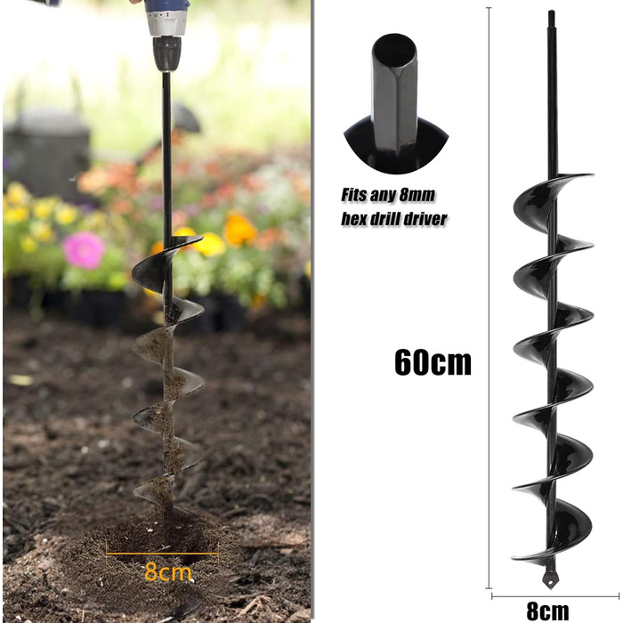 Садовий бур LYFETC Земляний шнек 8x60 см, свердло з квітковою цибулиною з довгою ручкою для акумуляторного шуруповерта, заземлювальний шнек для бура, потужний садовий бур для посадки, садовий шнек, свердло для рослин