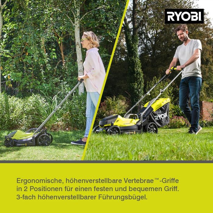 Акумуляторна газонокосарка RYOBI 18 V ONE OLM1833B (ширина зрізу 33 см, 5-позиційне регулювання висоти 25-65 мм, складна ручка, вкл. мульчувальний клин, 35-літровий мішок для трави, без акумулятора та зарядного пристрою в коробці) 33 см ширина зрізу без а