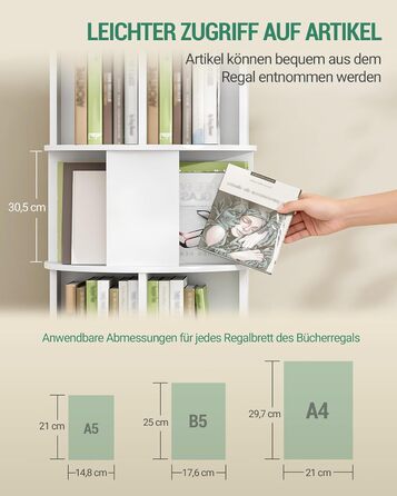 Книжкова полиця Hzuaneri, поворотна на 360, 5-рівнева вертикальна полиця для зберігання, сучасна окремостояча полиця, декоративна полиця на колесах, для вітальні, кабінету, офісу, 45 x 45 x 161,5 см, біла BC54003X