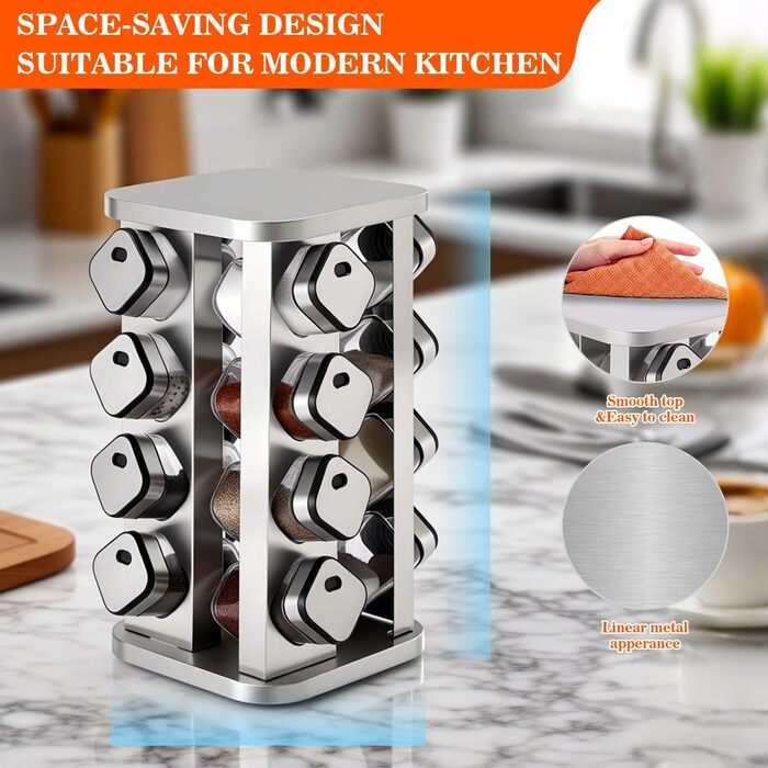 Стійка для спецій PTUWODS з 16 квадратними банками для спецій, карусель для спецій з нержавіючої сталі, що обертається на 360, органайзер для спецій, контейнери для спецій зі вставкою-шейкером, 16 банок