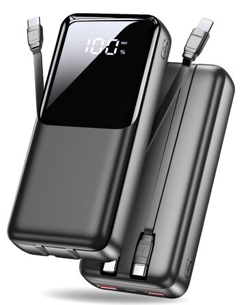 Портативний зарядний пристрій ємністю 40000 мАг, 22,5 Вт, з функцією швидкої зарядки PD через USB-C, 3 порти та 2 вбудовані кабелі, зовнішній акумулятор, сумісний з iPhone 17, 16, 15, 14, 13, Android та іншими пристроями, 40000 мАг, чорний