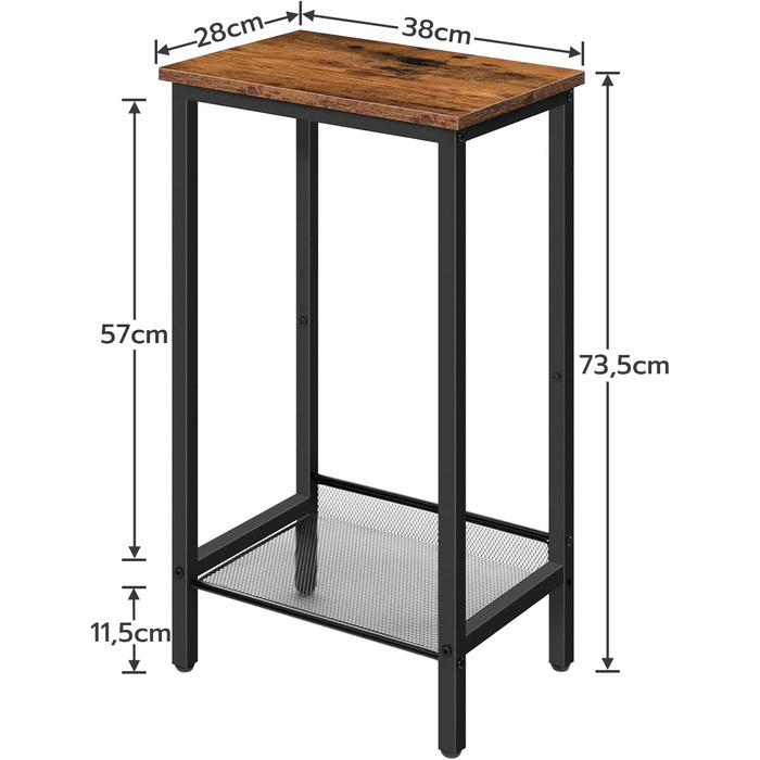 Високий журнальний столик HOOBRO, телефонний столик з регульованою сітчастою полицею, вузька тумбочка, диван-столик, 38 x 28 x 73,5 см, для офісного коридору, вітальні, промисловий дизайн, темно-коричневий EBF03DH01 рустикальний коричневий, чорний