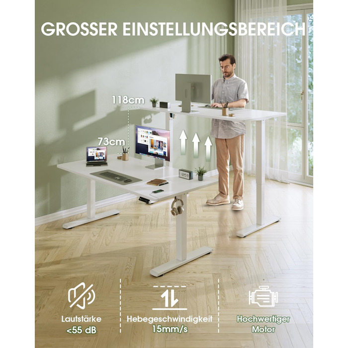 Стіл Flamaker з регульованою висотою, повна стільниця 160 x 60 см, стіл з електричним регулюванням висоти з пам&39яттю, ігровий стіл з нагадуванням про сидячий режим та зарядкою через USB (білий) Білий 160 x 60 см