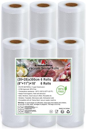 Вакуумний пакувальник KitchenBoss 6 рулонів 20/28 x 300 см вакуумна пакувальна плівка для вакуумного пакувальника та су-віду, рулони вакуумної плівки без BPA, вакуумний пакувальний пакет із захистом від кип'ятіння, вакуумний пакет для їжі багаторазовий 20