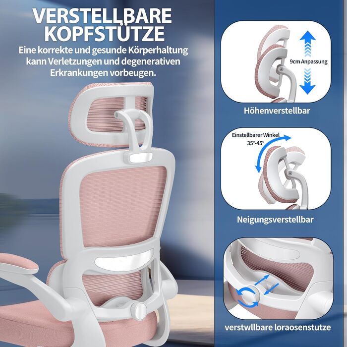 Ергономічне офісне крісло TRALT - Офісне крісло з регульованою поперековою опорою та підголівником, Ігрове крісло - Офісне крісло - Крісло для столу, Крісло для домашнього офісу, Ергономічне, Вага вантажопідйомність 150 кг, для високих людей, Рожеве