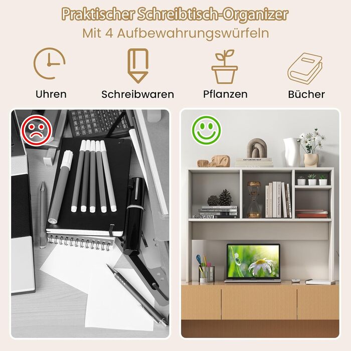 Настільна полиця, Настільна полиця з 4 відкритими полицями, Книжкова полиця, Настільний органайзер для навчання та офісу, 94 x 25 x 73 см (Білий)