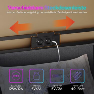 Диван-ліжко HOOBRO 90 x 200 см з 2 шухлядами, рейкова основа, каркас ліжка, м&39яке ліжко із зарядною станцією та світлодіодним освітленням, м&39яке ліжко, односпальне ліжко, для спальні, сірий та чорний EBG81CDBF01