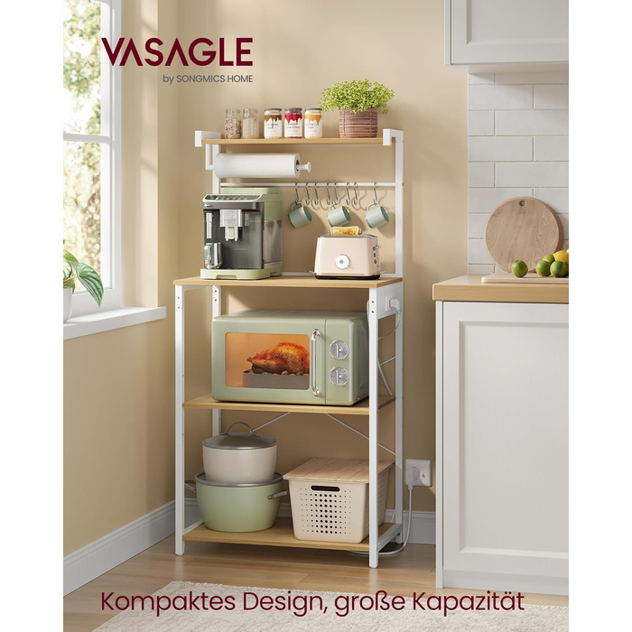 Кухонна полиця VASAGLE з розетками, окремостояча полиця, полиця для мікрохвильової печі, 4 рівні та 8 S-подібних гачків, регульована полиця, тримач для кухонних пакувальних машин, 40 x 60 x 140 см, Золотий дуб-хмарно білий KKS014Y02 60B см Золотий дуб мат