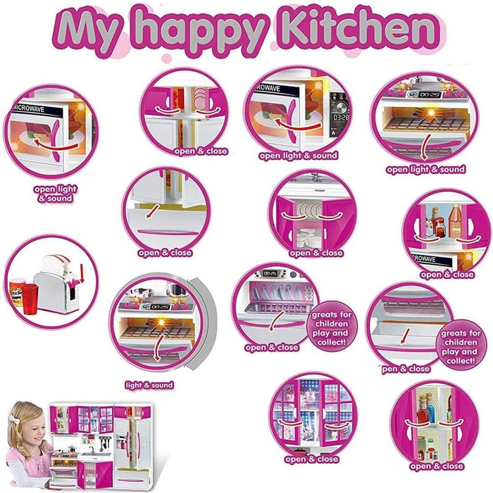 Іграшкові меблі для лялькової кухні, ляльковий будиночок для дітей, реалістичне світло та звуки з робочою варильною поверхнею, духовкою, раковиною, дверцятами холодильника та безліччю аксесуарів, іграшка 40 x 30 см