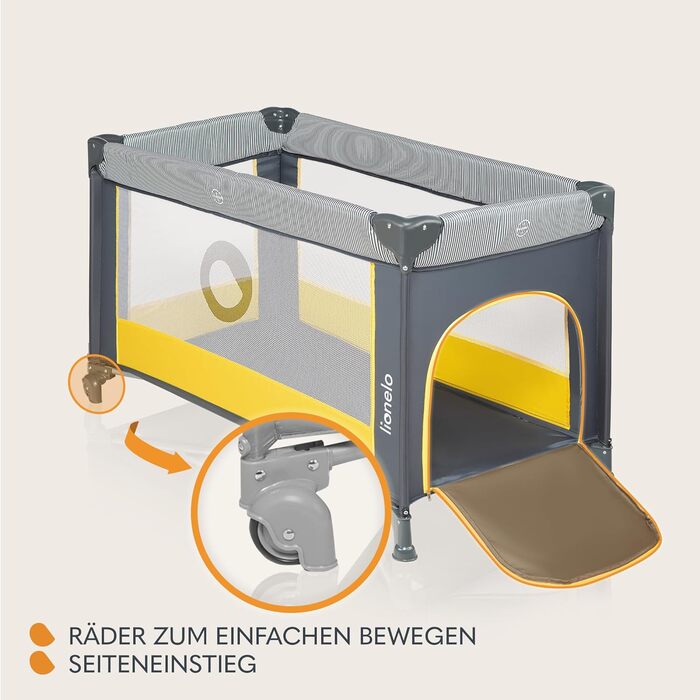 Дитяче ліжечко Lionelo Stefi, Дорожнє ліжечко від народження до 15 кг, Бічний вхід, Система безпеки LockGuard, Блокування коліс, Сумка для перенесення, Складане, Жовте