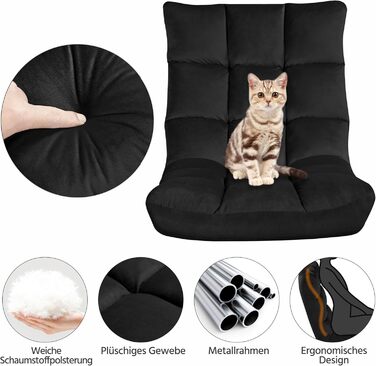 Складане підлогове крісло Yaheetech, лінивий диван, складне розслаблююче крісло, крісло для медитації, підлогове крісло з регульованою спинкою, крісло для читання для дому або офісу, чорний плюшевий