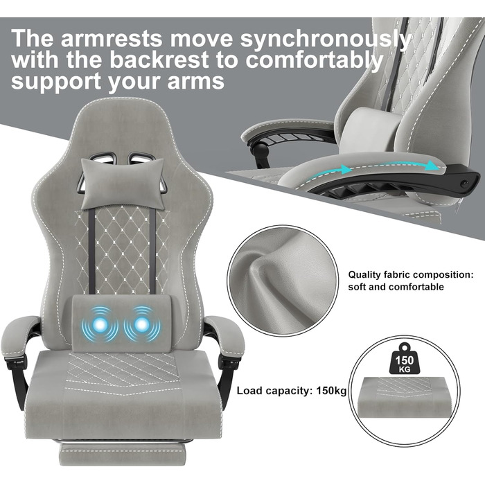 Масажне ігрове крісло Devoko тканинне, гоночне геймерське крісло з м'якої високотехнологічної тканини з масажною поперековою підтр