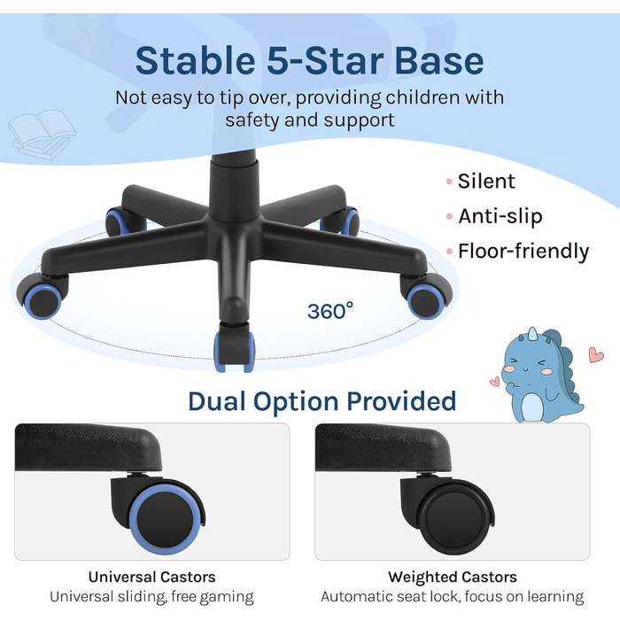 Ігрове крісло WOLTU для дітей, ергономічне дитяче робоче крісло зі спинкою та підлокітниками, для дитячих кімнат, з універсальними колесами та колесами з обважнювачами, сітчаста тканина, синій колір