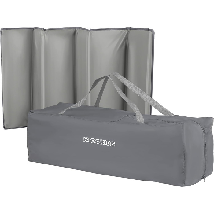 Дитяче ліжечко Ricokids, портативне, манеж, 125x65x78 см, вантажопідйомність 15 кг, складне, два колеса з гальмами, знімний бічний вхід, матрац, сумка, світло-сіре ліжечко, колір Hellgrau