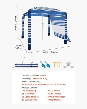 Пляжний навіс VEVOR, 2,4 x 2,4 м з бічною стінкою, сонцезахисний фактор UPF 50, кабіна з мішками з піском, регульований по висоті портативний сонцезахисний навіс для сімей, темно-сині смужки
