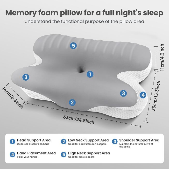 Подушка для сну JINXIA з піни з ефектом пам&39яті, ергономічна ортопедична подушка для шиї, охолоджувальна подушка зі знімною наволочкою для сну на боці, спині та животі, темно-сіра