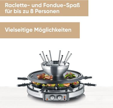 Комбінація SEVERIN Raclette-fondu, 1900 Вт, раклет на 8 осіб з каменем для гриля, комбінація раклету і фондю 2 в 1 з 8 сковородами, скребками і виделками для фондю, RG 2348