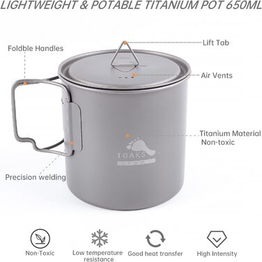 Титановий горщик TOAKS 750 мл, кемпінговий кухоль, чашка для кемпінгу, туристичний посуд 650 мл