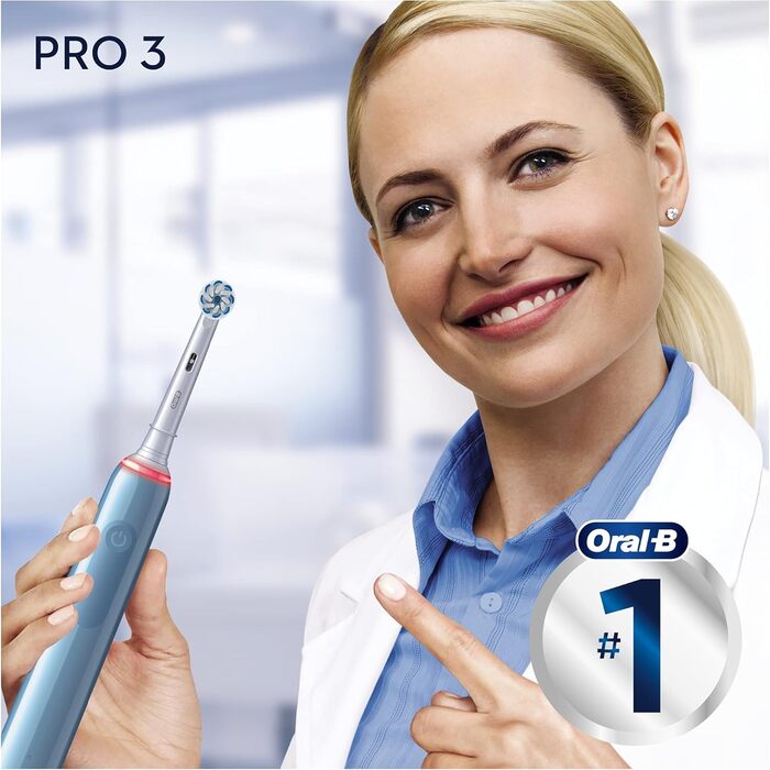 Електрична зубна щітка Oral-B PRO 3 3000 Sensitive Clean, з 3 режимами чищення, включаючи чутливий і візуальний контроль тиску на 360 для догляду за зубами, розроблений Braun, blau Blau Single