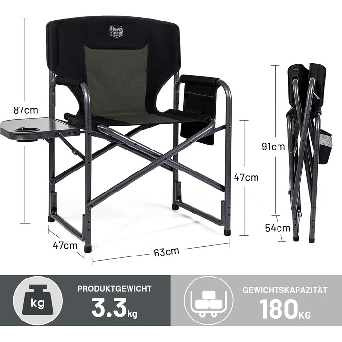 Складане кемпінгове крісло TIMBER RIDGE з 2 предметів, надлегке 3,3 кг, крісло директора, складне, вантажопідйомність 180 кг, з бічним столиком, рибальське крісло з бічною кишенею та тримачем для напоїв, портативне для кемпінгу, риболовлі, пляжу, пікніка,