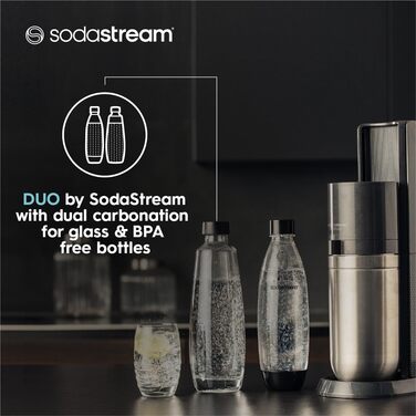 Машина для газованої води SodaStream Duo, з 1 літровою багаторазовою пластиковою пляшкою для води без BPA, скляним графином 1 л для карбонізації та газовим балоном CO2 об'ємом 60 літрів із швидким з'єднувачем, чорна чорна машина