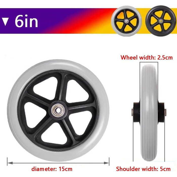 Ролики для інвалідних візків, переднє колесо, змінні передні колеса для ручних інвалідних візків, 6-дюймові колеса для інвалідних візків в зборі, суцільні шини з ПВХ, змінне переднє колесо для інвалідних візків, комплект 2 (колір сірий, розмір сірий Ширин