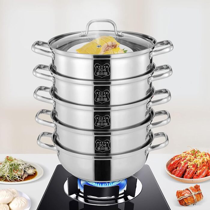 Пароварка 30 см, 5-ти ярусна пароварка з нержавіючої сталі зі скляною кришкою Індукційна каструля Пароварка підходить для всіх тип