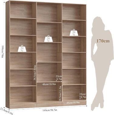 Книжкова шафа FirFurd 188 см, полиця з 17 відділеннями, книжкова шафа, окремостояча полиця, полиця для зберігання, для вітальні, офісу, кабінету, 149 x 23,5 x 188 см, дуб