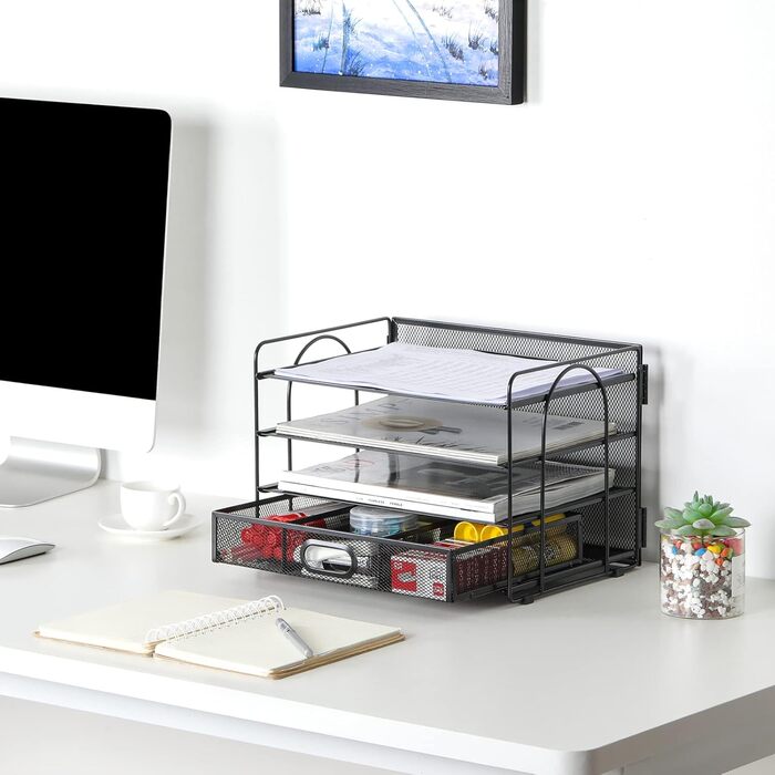 Металевий офісний органайзер EasyPAG з 4 відділеннями формату A4, тримач для документів, лоток для файлів, тримач для журналів, лоток для листів, органайзер для паперових журналів з шухлядою для канцелярського приладдя, чорний