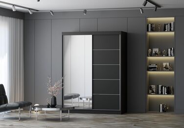 Шафа з дзеркалом, розсувні двері - Чорна шафа з розсувними дверима, шафа для спальні - 61 x 150 x 200 см - Шафа для спальні, гардеробна, шафа чорний/чорний