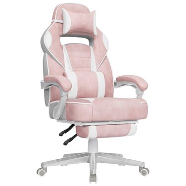 Ігрове крісло SONGMICS, офісне крісло з підставкою для ніг, робоче крісло з підголівником та поперековою подушкою, регульована висота, ергономічне, вантажопідйомність до 150 кг, пастельно-рожевий OBG073P01 пастельно-рожевий кремово-білий