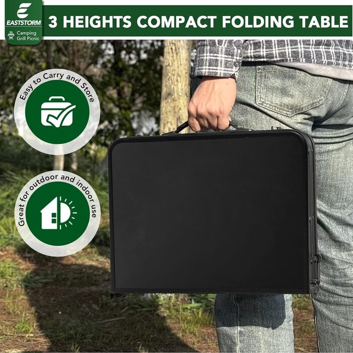 Складаний кемпінговий стіл 60x40 см, 3-рівневе регулювання висоти (25/47/69 см), міцний металевий каркас, складається як валіза для перенесення, ідеально підходить для кемпінгу, пікніків, пляжу та балкону (повністю чорний)
