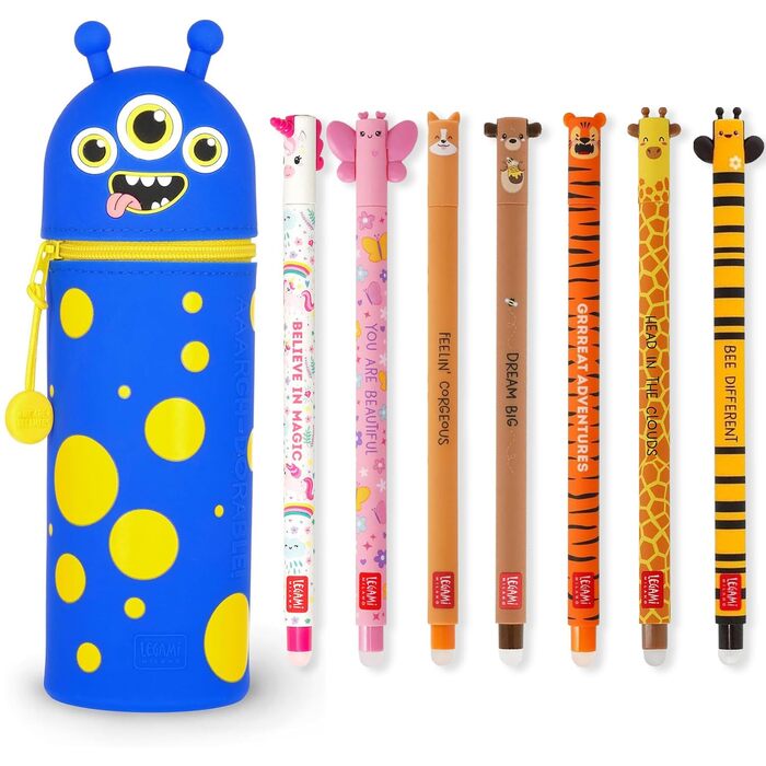 Набір LEGAMI із 7 гелевих ручок, що стираються, пенал 2-в-1 з термочутливим чорнилом, що стирається, різні кольори чорнил та дизайни корпусу, наконечник 0,7 мм (Monster)