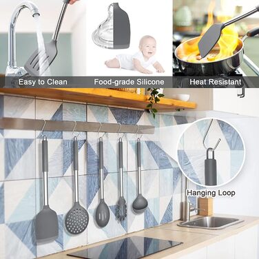 Силіконовий набір кухонного посуду, 15 предметів, термостійкий набір кухонних гаджетів з високоякісними ручками з нержавіючої стал