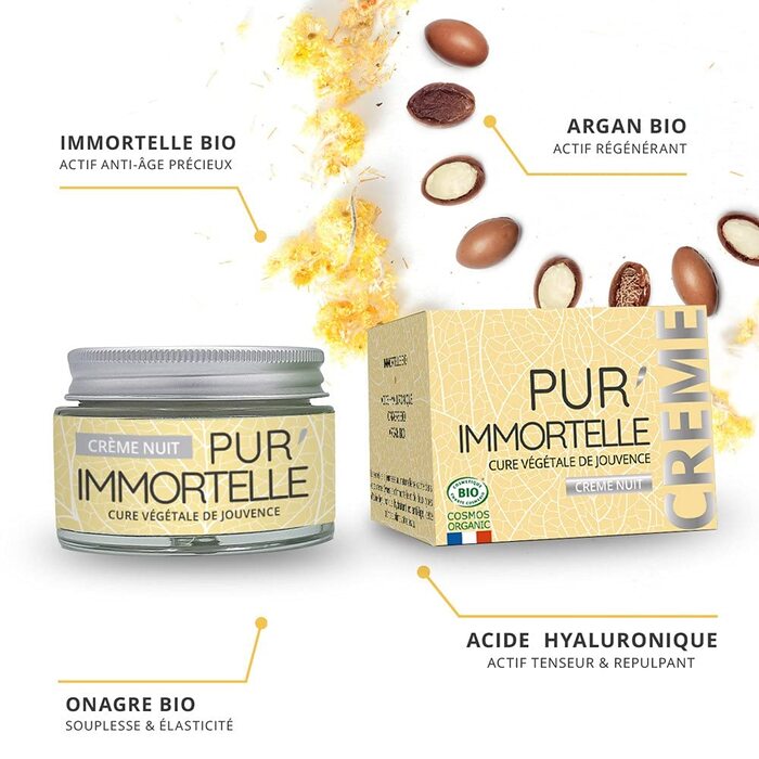 Нічний крем для обличчя Pur'Immortelle Bio антивікова доглядальна косметика з імортелем, гіалуроновою кислотою, арганою олією та олією примули вечірньої 99 натурального походження виготовлено у Франції 50 мл PROPOS'NATURE