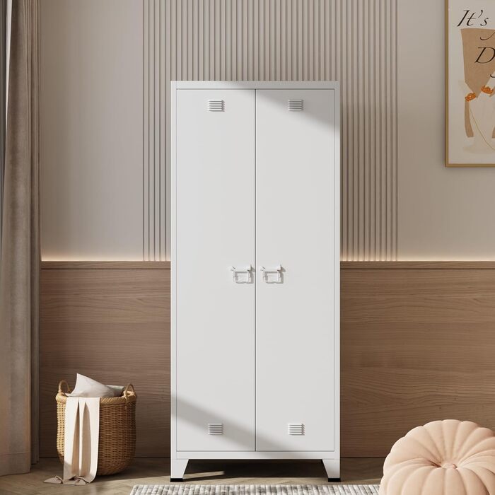Дверна шафа з вішалкою для одягу, металева шафа для спальні, біла, з 3 полицями, 180 x 90 x 40 см, білий, 180 x 90 x 40 см - 0 шухляд, 2-