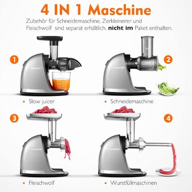 Переможець тесту овочів та фруктів AMZCHEF Juicer - Соковижималка Slow Juicer з функцією зворотного жування - Ніжне подрібнення без фільтрації - Електрична соковижималка зі щіткою та 2 чашками - Срібло