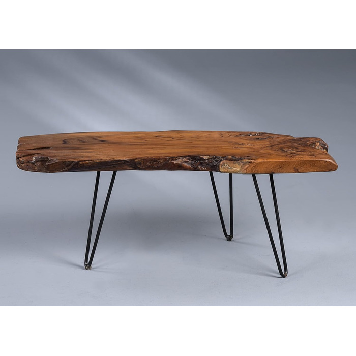 Журнальний столик Tallus колекції M2 масив тика, 100 x 40 x 40 см Натуральна обробка Чорні металеві ніжки Унікальний виріб, коричнево-коричневий Tallus