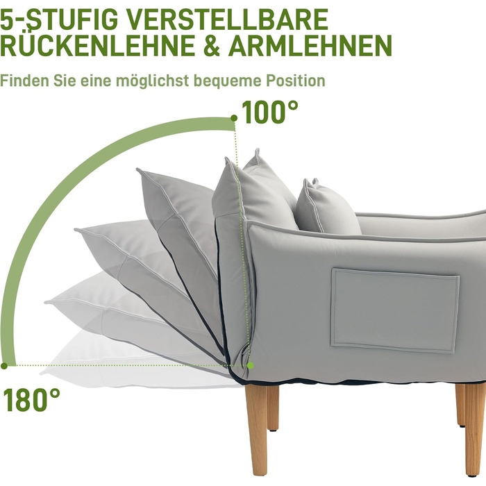 Крісло HOMCOM 2-в-1, м&39яке крісло з регульованою спинкою, м&39яке одномісне крісло з подушкою, крісло-шезлонг на дерев&39яних ніжках для вітальні, тканина з мікрофібри, світло-сірий колір