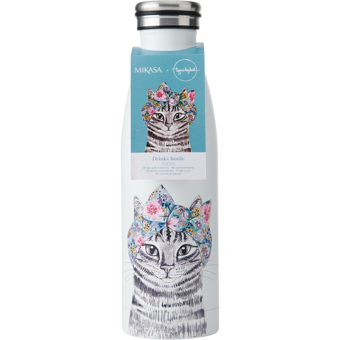 Пляшка MIKASA Tipperleyhill з нержавіючої сталі з подвійними стінками, 500 мл, вакуумно-ізольована, зберігає напої гарячими та холодними, пляшка з нержавіючої сталі без бісфенолу А з принтом кота