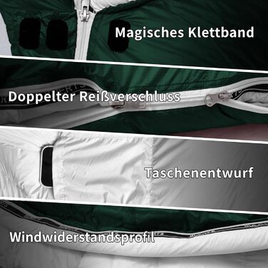 Пуховий спальний мішок для дорослих, високоякісний зимовий спальний мішок 680FP, підходить для кемпінгу, походів та подорожей, включаючи компресійний чохол. -4 Зелений