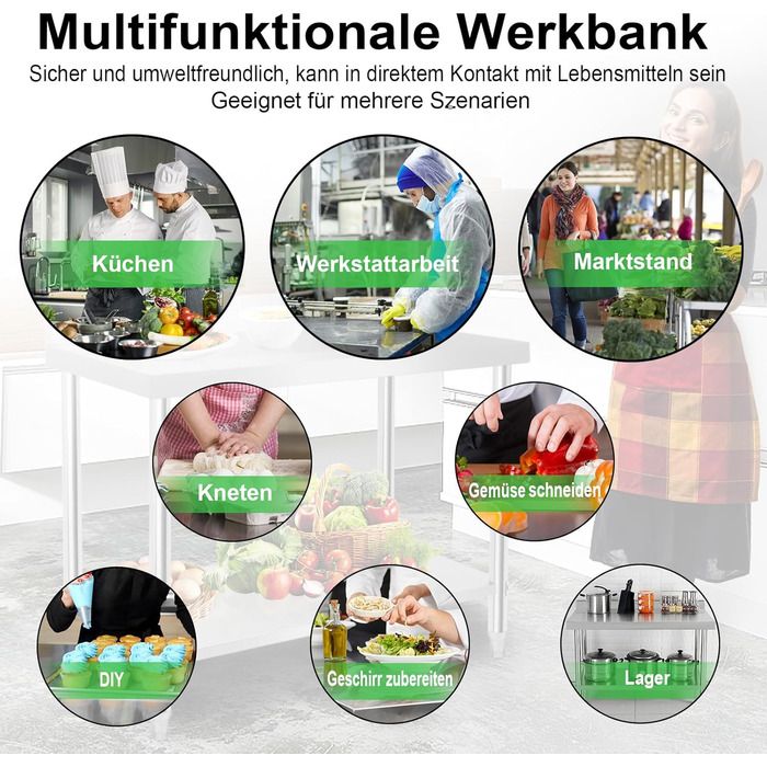 Робочий стіл з нержавіючої сталі UISEBRT з підніжкою, Кухонний стіл з нержавіючої сталі з регульованими ніжками, Кухонний стіл/розбірний стіл з дуже великою нижньою полицею, 150 x 50 x 85 см, з підніжкою