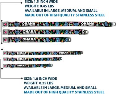 Нашийник для собак Buckle-Down Охана (Lilo & Stitch), з надійною застібкою, чорний, багатокольоровий, ширина 2.5 см - підходить для обхвату шиї 28-43 см, розмір М. Дизайн Охана означає сім'ю, зображення Стіча та Скрампа, тропічні рослини, чорно-біле та ба